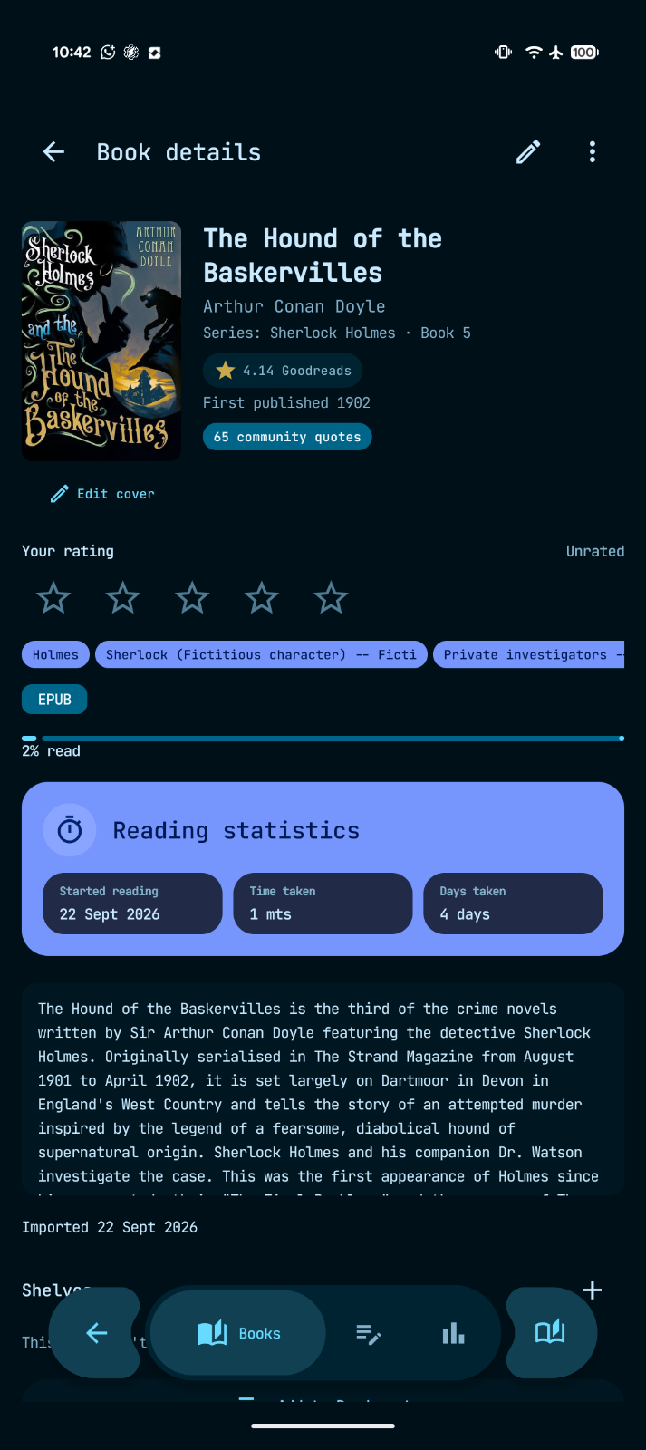 Book details with metadata, reading progress and statistics