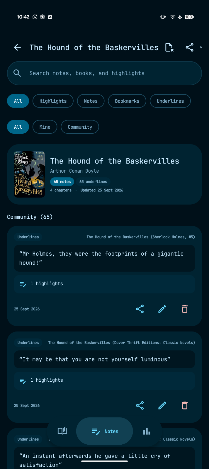 Book notes and highlights with filters, search and community quotes
